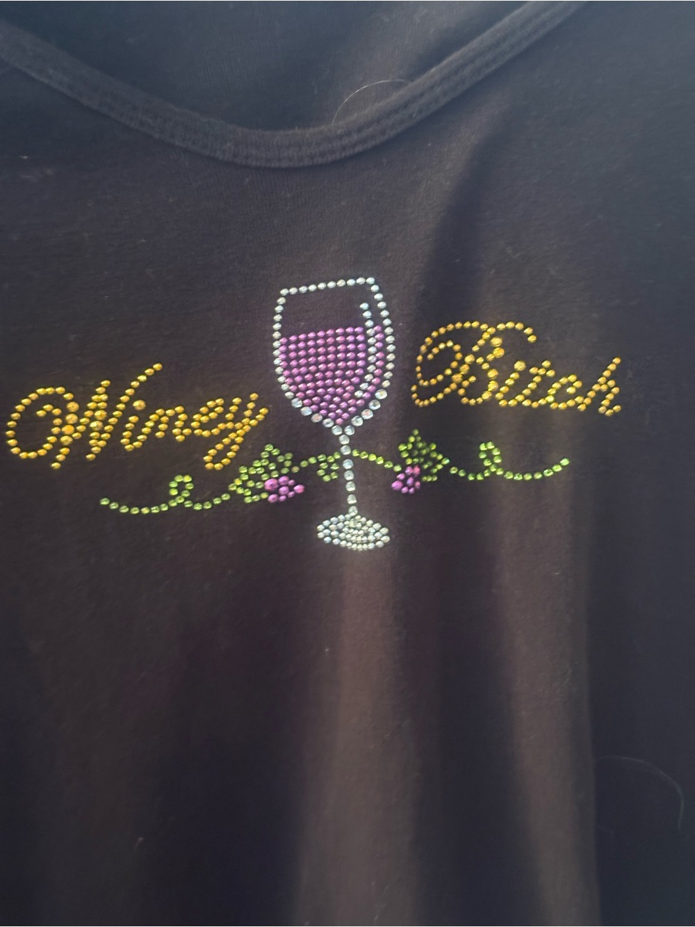 Black T-shirt, three-quarter arms” whiney b*tch” glass of wine in sequins